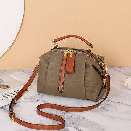 Stylish Genuine Leather Boston Pillow Bag for Women - Versatile Crossbody & Shoulder Handbag with Golden-Toned Hardware, Black/Brown/White/Cream/Dark Blue Options, Perfect for Everyday Use, Secure Travel Purse | Chic Leather Bag | Strap Detailing
